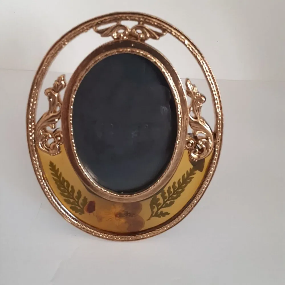 Vintage Pressed Floral Picture Frame Mini Gold Toned & Glass